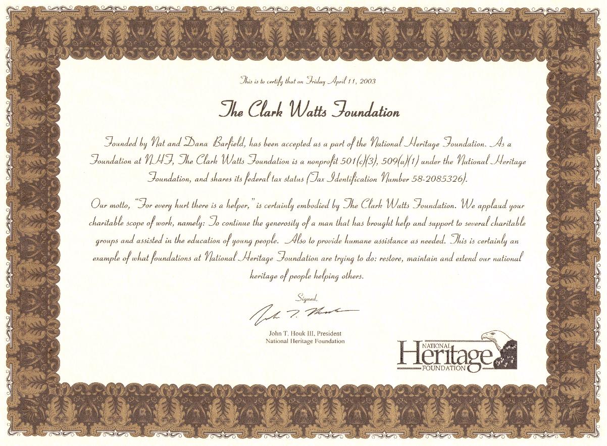 This is our certificate from The National Heritage Foundation.